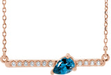 14K Gold Pear Natural Blue Zircon Accented Bar Necklace - Rose Gold