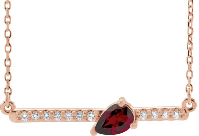 14K Gold Pear Natural Mozambique Garnet Accented Bar Necklace - Rose Gold