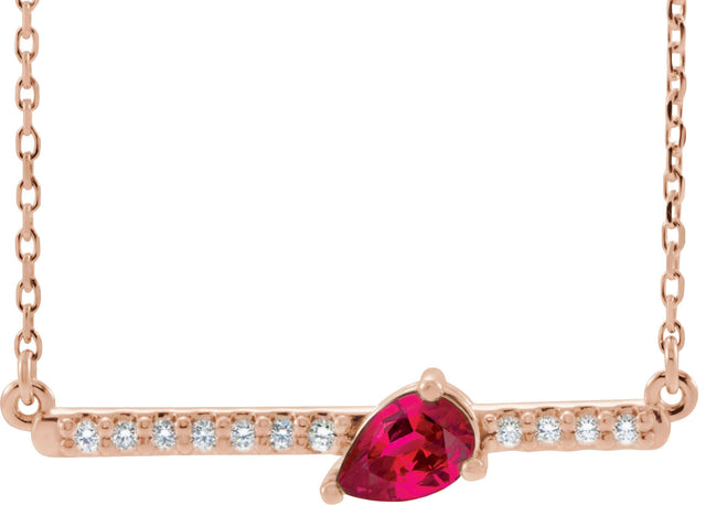 14K Gold Pear Natural Ruby Accented Bar Necklace - Rose Gold