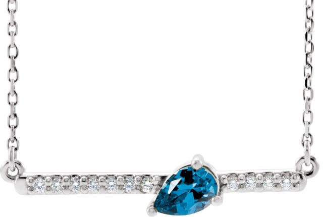 Platinum Pear Natural Blue Zircon Accented Bar Necklace