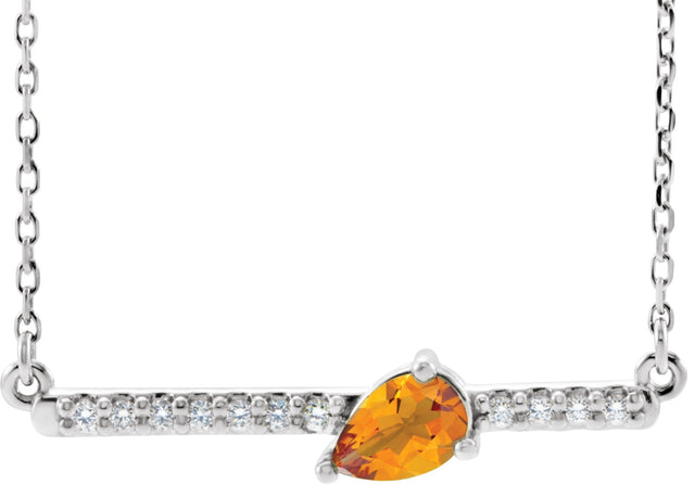 14K Gold Pear Natural Citrine Accented Bar Necklace - White Gold
