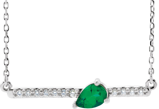 14K Gold Pear Lab-Grown Emerald Accented Bar Necklace - White Gold