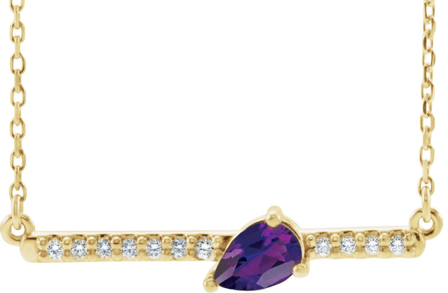 14K Gold Pear Natural Amethyst Accented Bar Necklace - Yellow Gold
