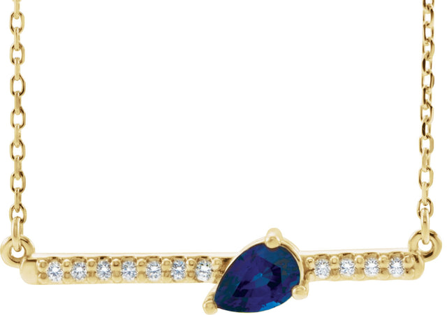 14K Gold Pear Natural Blue Sapphire Accented Bar Necklace - Yellow Gold