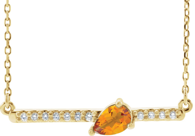 14K Gold Pear Natural Citrine Accented Bar Necklace - Yellow Gold