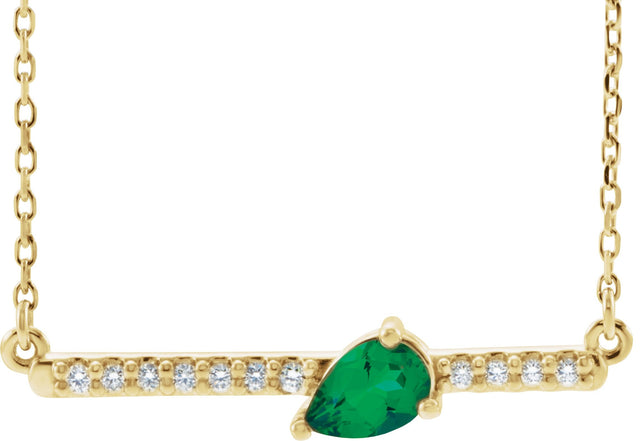 14K Gold Pear Lab-Grown Emerald Accented Bar Necklace - Yellow Gold