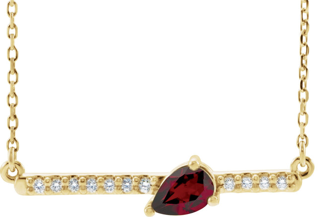 14K Gold Pear Natural Mozambique Garnet Accented Bar Necklace - Yellow Gold