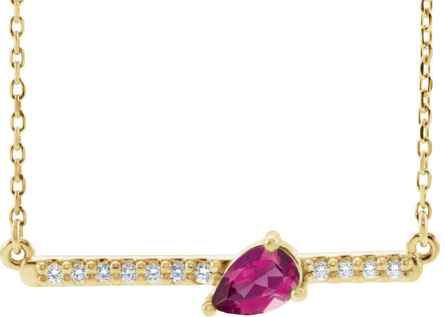 14K Gold Pear Natural Pink Tourmaline Accented Bar Necklace - Yellow Gold