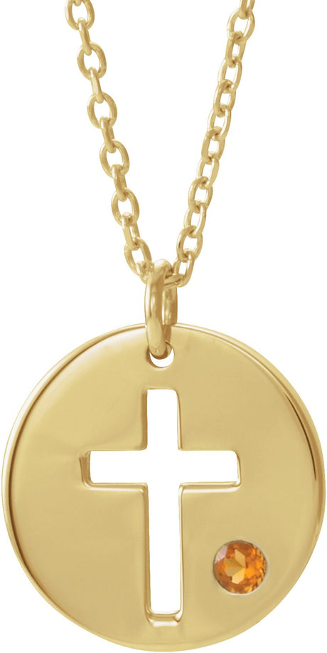14K Gold Round Natural Citrine Pierced Cross Disc Necklace or Pendant - Yellow Gold