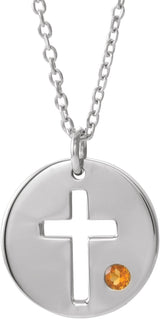 14K Gold Round Natural Citrine Pierced Cross Disc Necklace or Pendant - White Gold