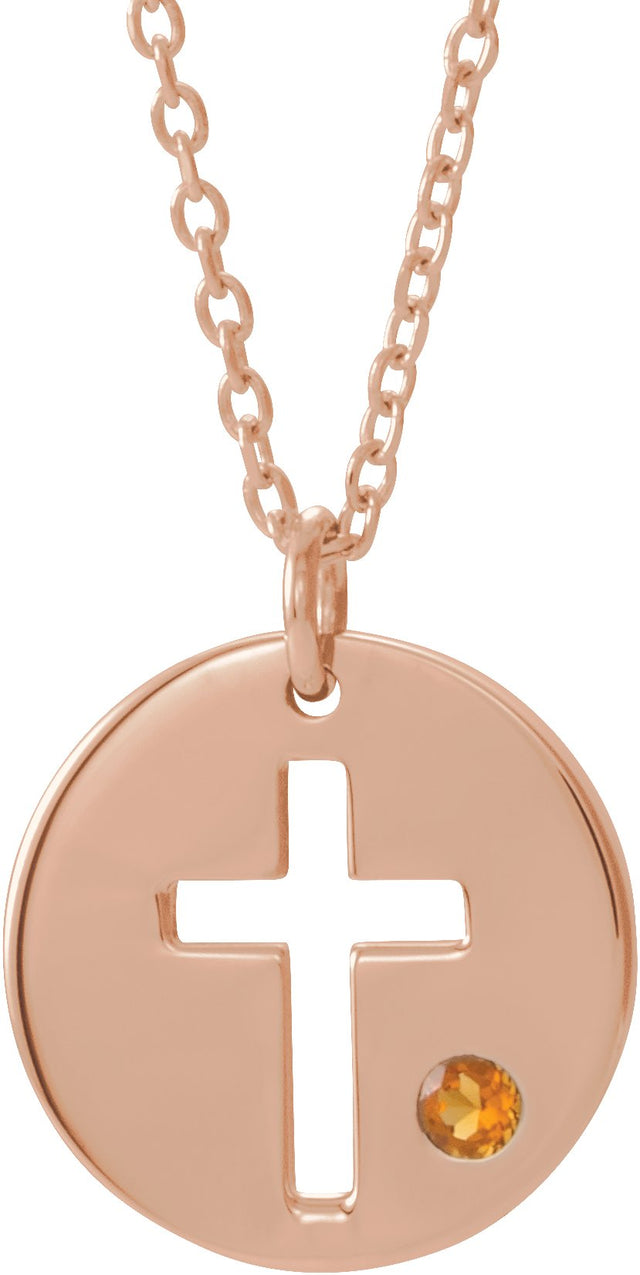 14K Gold Round Natural Citrine Pierced Cross Disc Necklace or Pendant - Rose Gold