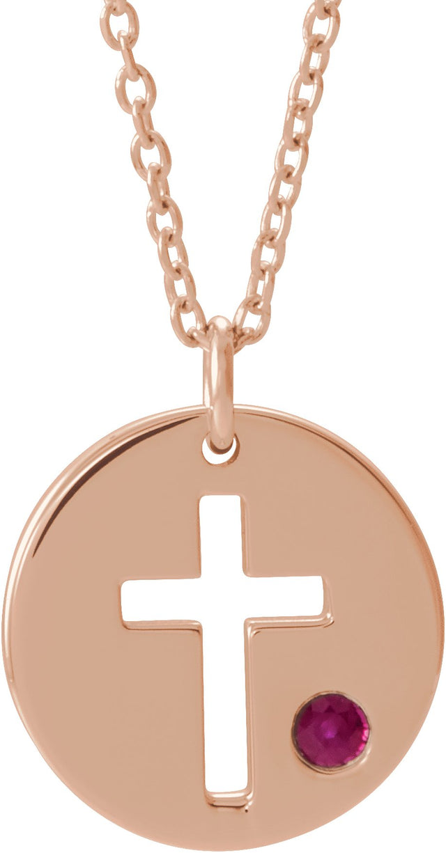 14K Gold Round Natural Ruby Pierced Cross Disc Necklace or Pendant - Rose Gold