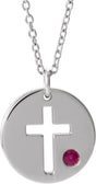 14K Gold Round Natural Ruby Pierced Cross Disc Necklace or Pendant - White Gold
