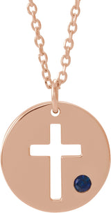 14K Gold Round Natural Blue Sapphire Pierced Cross Disc Necklace or Pendant - Rose Gold