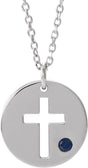 14K Gold Round Natural Blue Sapphire Pierced Cross Disc Necklace or Pendant - White Gold