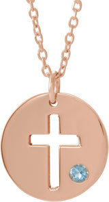 14K Gold Round Natural Aquamarine Pierced Cross Disc Necklace or Pendant - Rose Gold