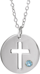 14K Gold Round Natural Aquamarine Pierced Cross Disc Necklace or Pendant - White Gold