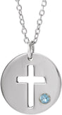 14K Gold Round Natural Aquamarine Pierced Cross Disc Necklace or Pendant - White Gold