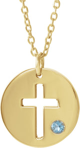 14K Gold Round Natural Aquamarine Pierced Cross Disc Necklace or Pendant - Yellow Gold