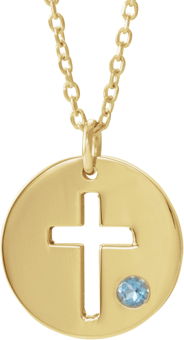 14K Gold Round Natural Aquamarine Pierced Cross Disc Necklace or Pendant - Yellow Gold