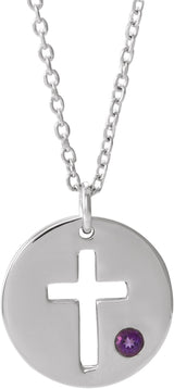 14K Gold Round Natural Amethyst Pierced Cross Disc Necklace or Pendant - White Gold