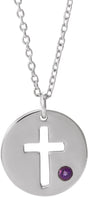 14K Gold Round Natural Amethyst Pierced Cross Disc Necklace or Pendant - White Gold