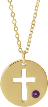 14K Gold Round Natural Amethyst Pierced Cross Disc Necklace or Pendant - Yellow Gold