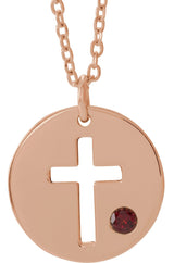 14K Gold Round Natural Mozambique Garnet Pierced Cross Disc Necklace or Pendant - Rose Gold