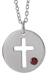 14K Gold Round Natural Mozambique Garnet Pierced Cross Disc Necklace or Pendant - White Gold