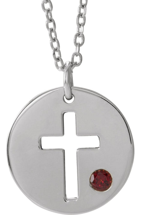 14K Gold Round Natural Mozambique Garnet Pierced Cross Disc Necklace or Pendant - White Gold