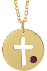 14K Gold Round Natural Mozambique Garnet Pierced Cross Disc Necklace or Pendant - Yellow Gold