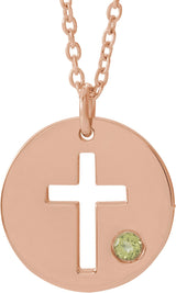 14K Gold Round Natural Peridot Pierced Cross Disc Necklace or Pendant - Rose Gold