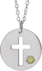 14K Gold Round Natural Peridot Pierced Cross Disc Necklace or Pendant - White Gold