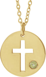 14K Gold Round Natural Peridot Pierced Cross Disc Necklace or Pendant - Yellow Gold