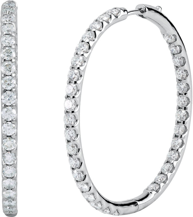 14K Gold Round Natural Diamond Inside-Outside Hoop Earrings – 2.4-2.8mm Stones - White Gold - view 2