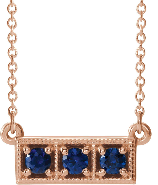 14K Gold Round Lab-Grown Blue Sapphire Three-Stone Bar Necklace - Rose Gold