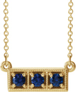 14K Gold Round Natural Blue Sapphire Three-Stone Bar Necklace - Yellow Gold