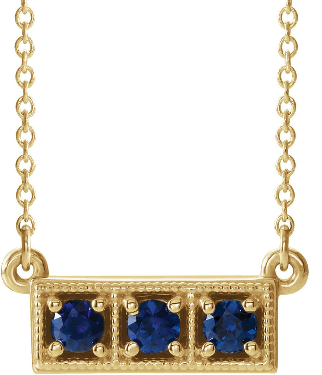 14K Gold Round Lab-Grown Blue Sapphire Three-Stone Bar Necklace - Yellow Gold