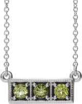 14K Gold Round Natural Peridot Three-Stone Bar Necklace - White Gold