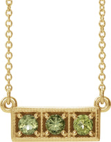14K Gold Round Natural Peridot Three-Stone Bar Necklace - Yellow Gold