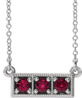 14K Gold Round Lab-Grown Ruby Three-Stone Bar Necklace - White Gold