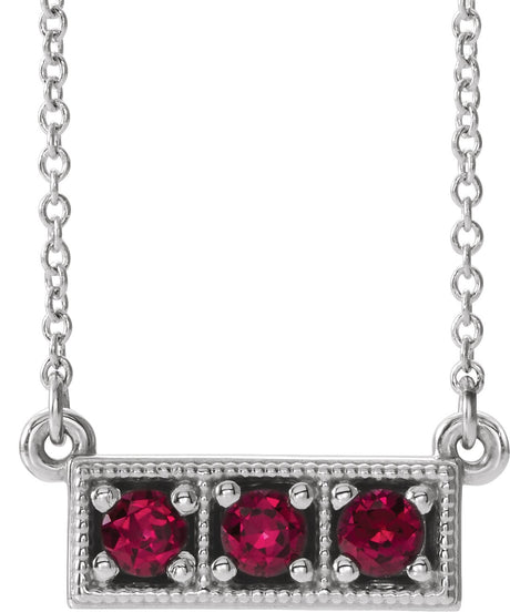 Platinum Round Natural Ruby Three-Stone Bar Necklace