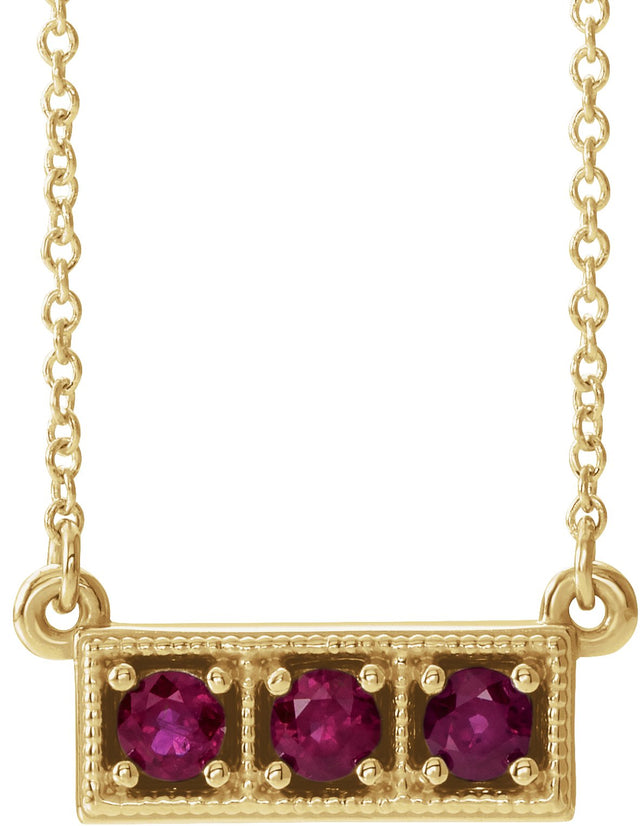 14K Gold Round Lab-Grown Ruby Three-Stone Bar Necklace - Yellow Gold