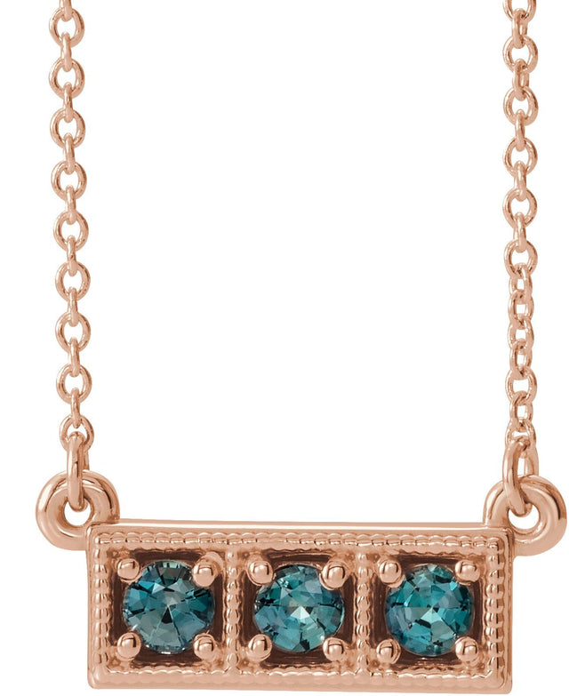 14K Gold Round Lab-Grown Alexandrite Three-Stone Bar Necklace - Rose Gold