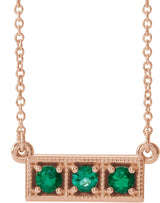 14K Gold Round Natural Emerald Three-Stone Bar Necklace - Rose Gold