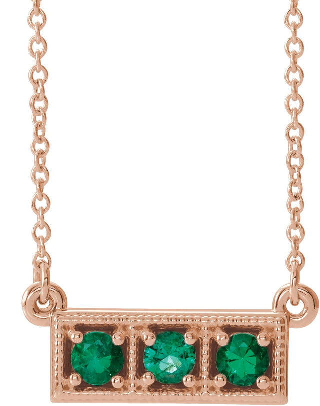14K Gold Round Lab-Grown Emerald Three-Stone Bar Necklace - Rose Gold