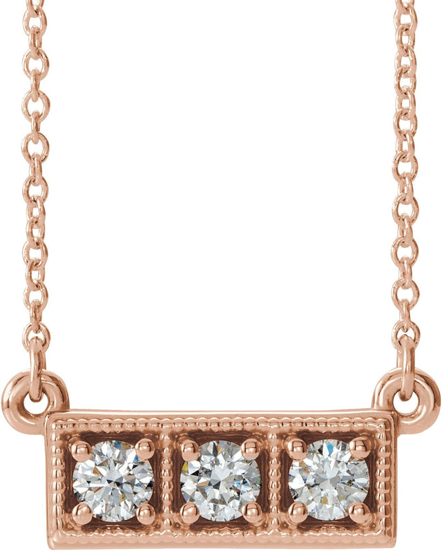 14K Gold Round Natural Diamond Three-Stone Bar Necklace - Rose Gold