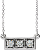 Platinum Round Natural Diamond Three-Stone Bar Necklace