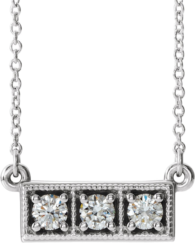 14K Gold Round Natural Diamond Three-Stone Bar Necklace - White Gold