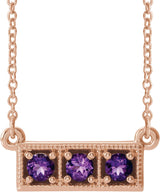 14K Gold Round Natural Amethyst Three-Stone Bar Necklace - Rose Gold